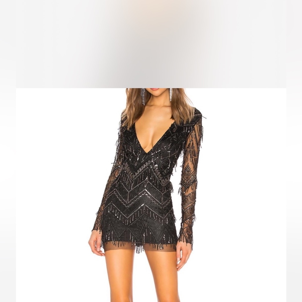superdown Black Sequin Fringe V-Neck Long Sleeve Mini Dress